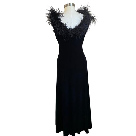 Vintage Jeffrey & Dara by Tom Barra Black Velvet Ostrich Feather Collar Gown Sz6 - Picture 3 of 7